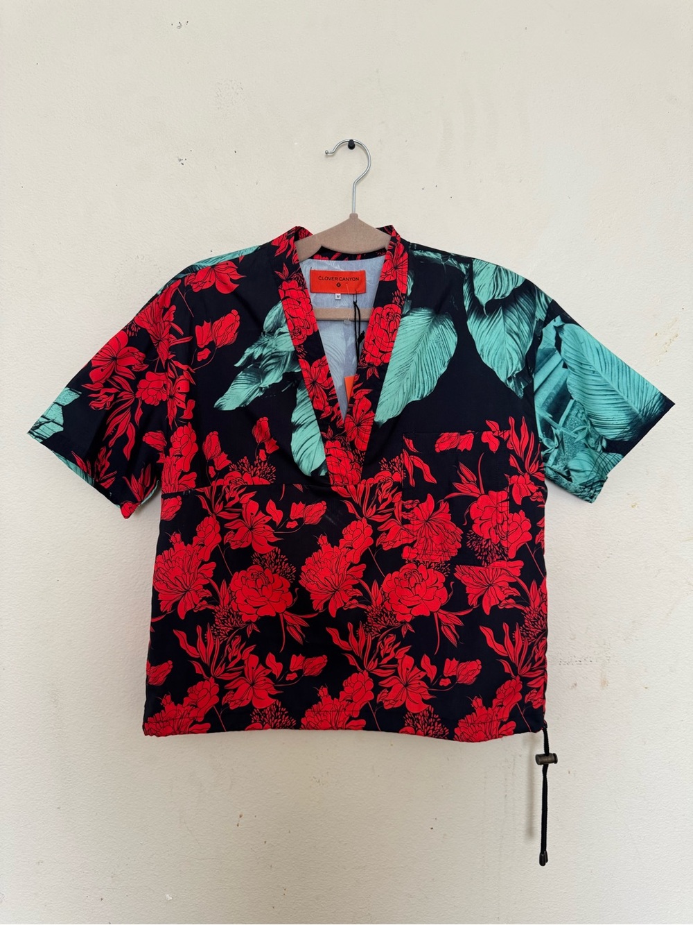 Clover Canyon Black Shirt with Red Floral & Teal Leaf Accents